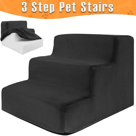 3-Step Foam Pet Stairs – Soft, Non-Slip Dog & Cat Ramp with Removable, Washable Cover